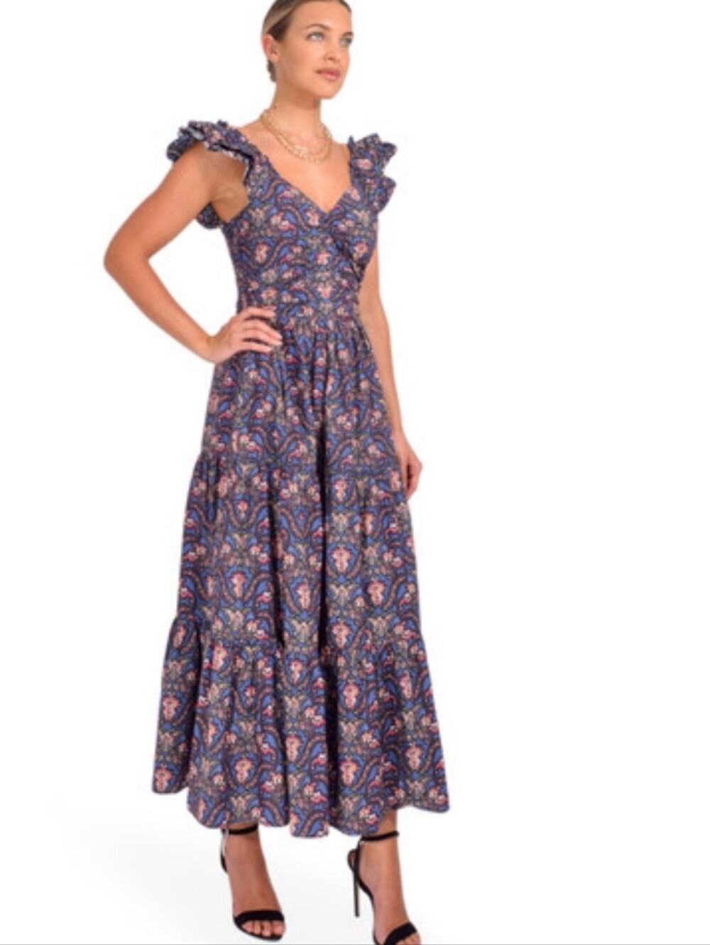 Caroline Constas Navy & Pink Paisley Ruffle Cap Sleeve Resortwear Maxi Dress